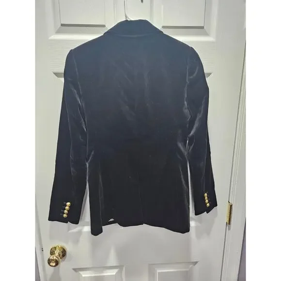 J. Crew Black Velvet One Button Blazer Jacket Gold Crest Button Sz 0 Women's - Picture 5 of 7